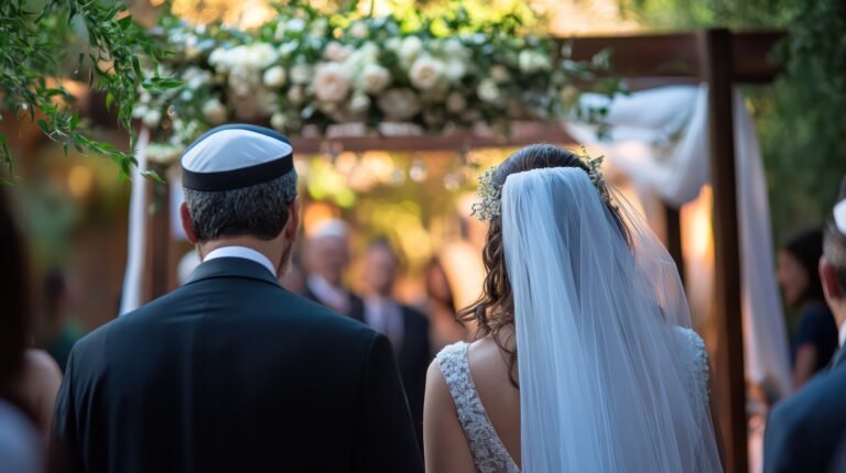 A traditional Jewish wedding ceremony, featuring the breaking of the glass and blessings under the chuppah.